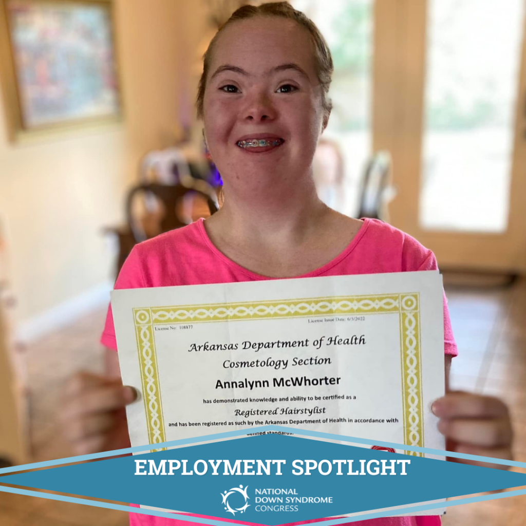 young lady holding a certificate and Employment Spotlight banner